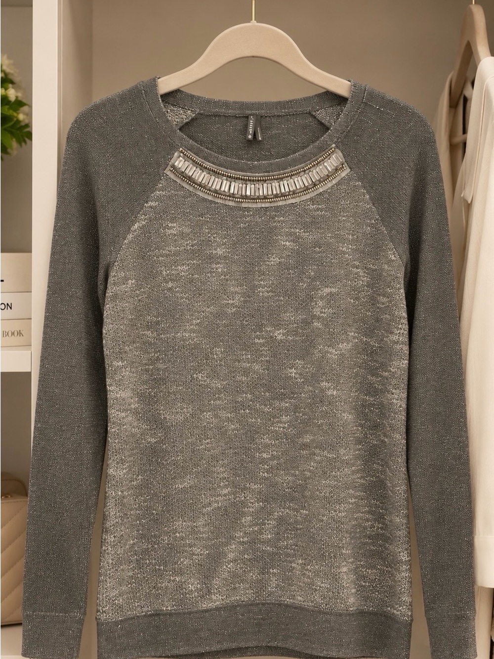 Women's Gray Embellished Crewneck Sweater